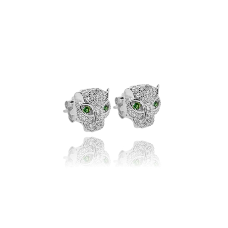 ORECCHINO PANTERA MM 13X11 IN ARGENTO TIT 925 E ZIRCONI BIANCHI E VERDI
