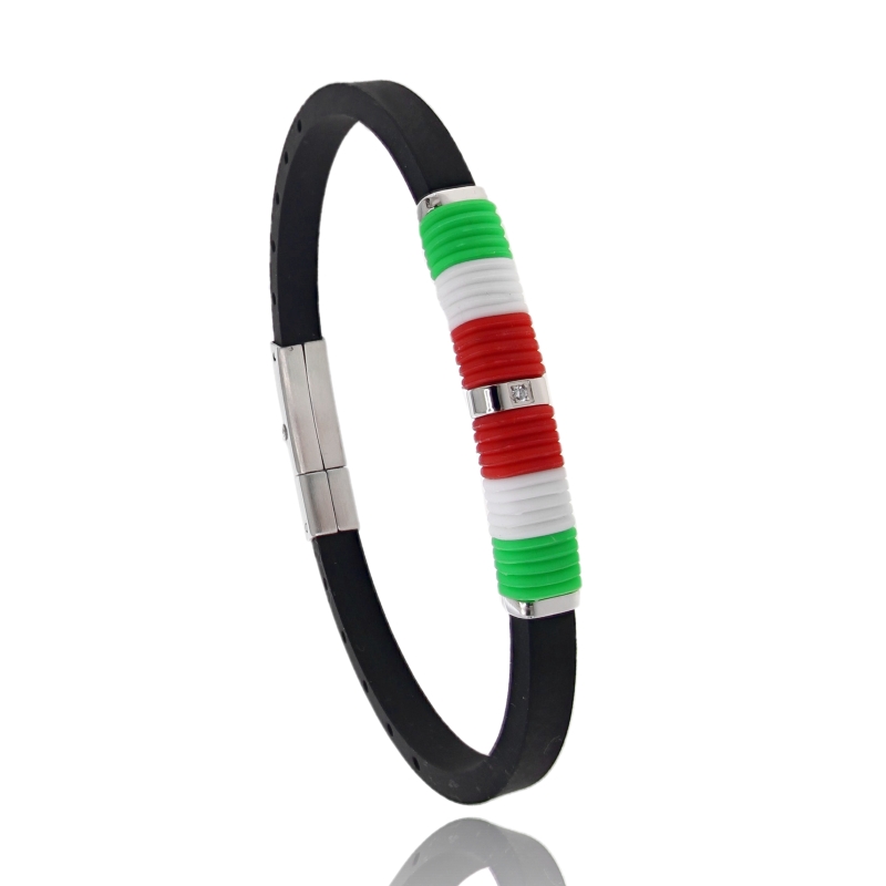 BRACCIALE IN ACCIAIO E CAUCCIU' NERO MM 5 CON CENTRALE IN CAUCCIU CON I COLORI DELL'ITALIA E STRASS CM 21