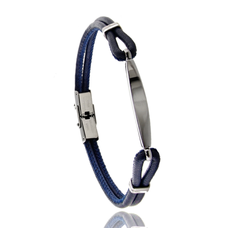 BRACCIALE IN ACCIAIO CON TARGA E CUOIO BLU CM 21