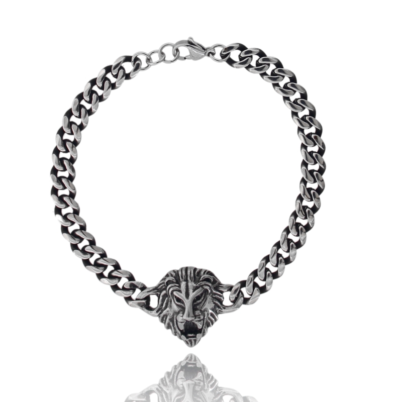 BRACCIALE GRUMETTA IN ACCIAIO BRUNITO CON LEONE CM 21