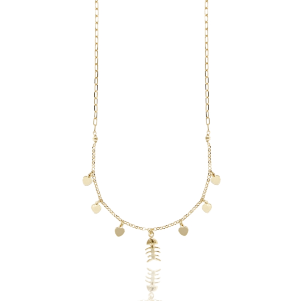 COLLANA CON CON LISCA E CUORI PENDENTI IN ARGENTO DORATO TIT 925 CM 38-42