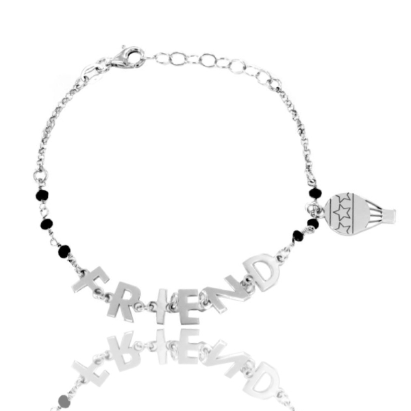 BRACCIALE ROLO' CON PIETRE NERE, FRIEND E MONGOLFIERA IN ARGENTO RODIATO TIT 925‰ CM 18