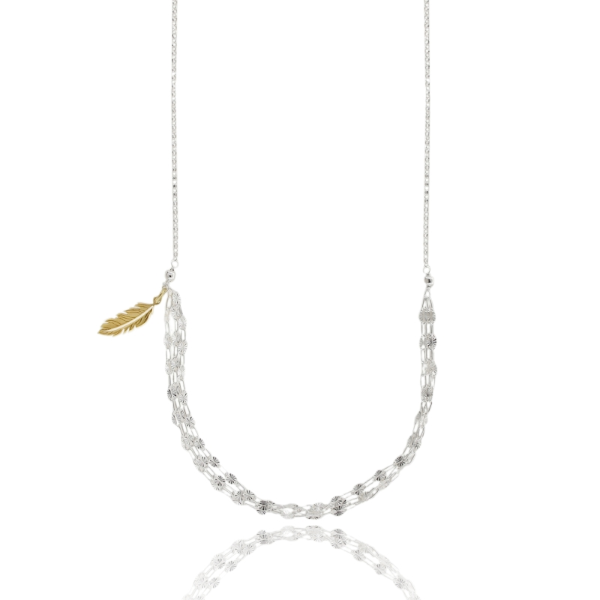 COLLANA CON PIUME IN ARGENTO BIANCO E DORATO TIT 925‰ CM 38-42