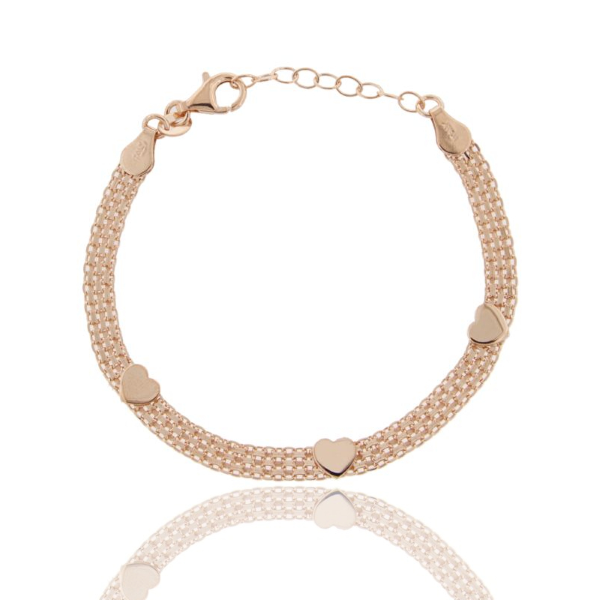 BRACCIALE MAGLIA BISMARK CON CUORI IN ARGENTO ROSATO TIT 925‰ CM 17-20