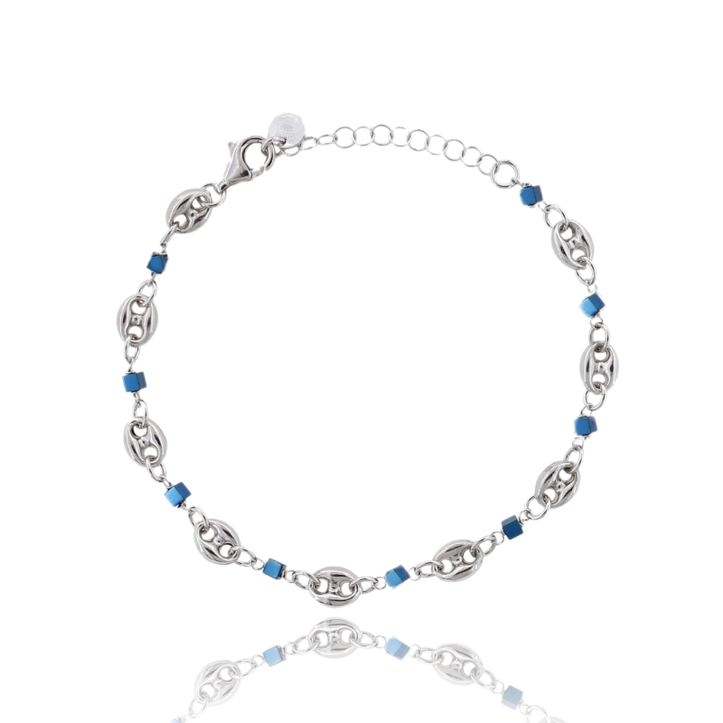 BRACCIALE MAGLIA MARINA VUOTA MM 8X6 IN ARGENTO RODIATO TIT 925‰ E PIETRE BLU MISURA 20