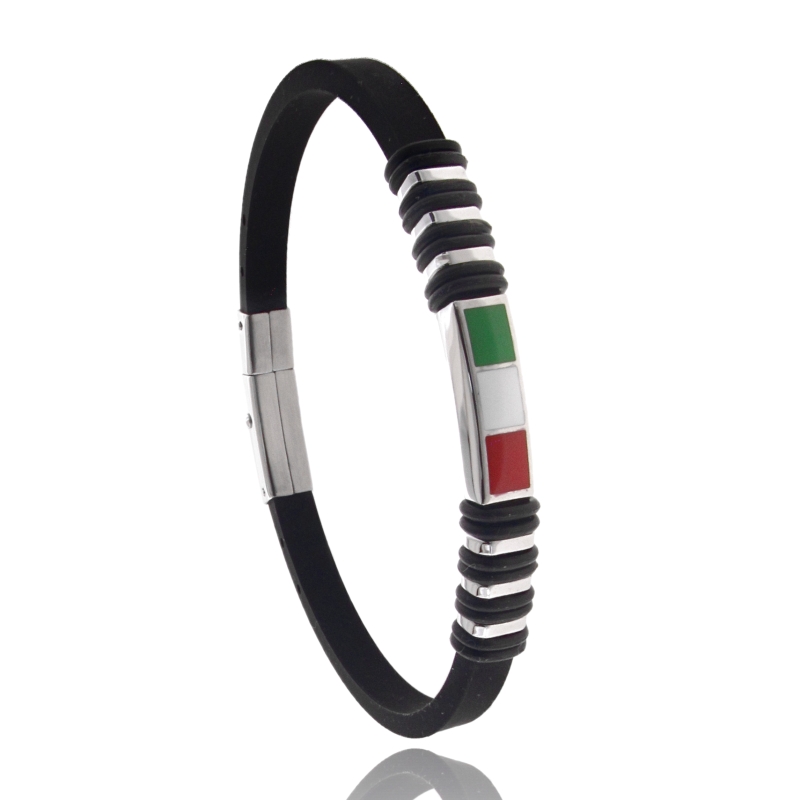 BRACCIALE IN CAUCCIU' CON TARGA E BANDIERA ITALIANA SMALTATA IN ACCIAIO CM 21
