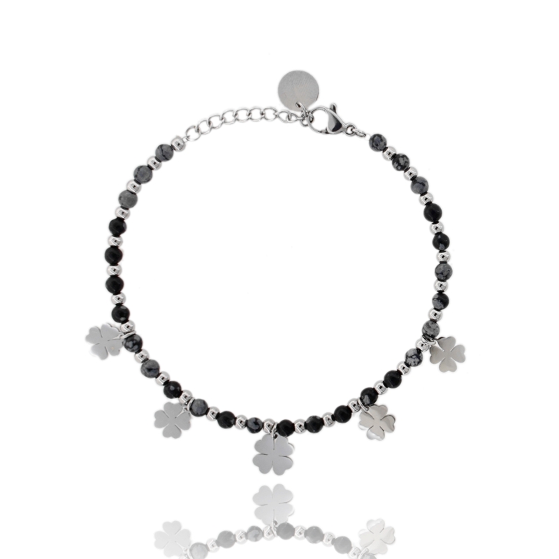 BRACCIALE CON PIETRE DURE MM 3,5 CON QUADRIFOGLI PENDENTI IN ACCIAIO CM 17-21