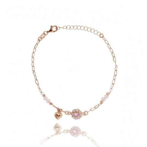 BRACCIALE CON CON FIORE DI ZIRCONI, CUORE E PIETRE IN ARGENTO TIT 925 CM 17-19