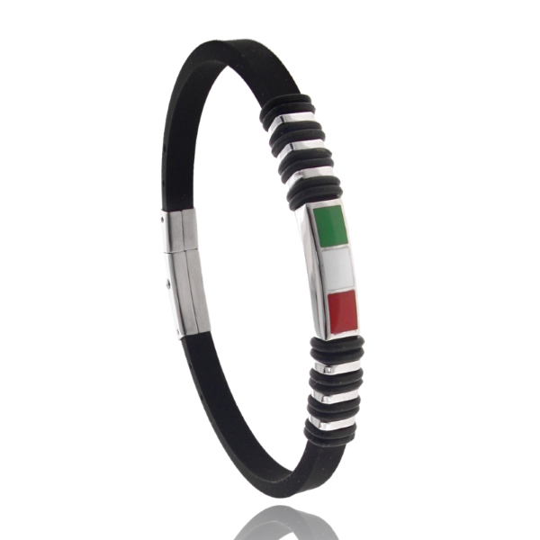 BRACCIALE IN CAUCCIU' CON TARGA E BANDIERA ITALIANA SMALTATA IN ACCIAIO CM 21