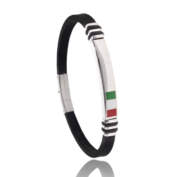 BRACCIALE IN CAUCCIU' CON TARGA E BANDIERA ITALIANA SMALTATA IN ACCIAIO CM 21