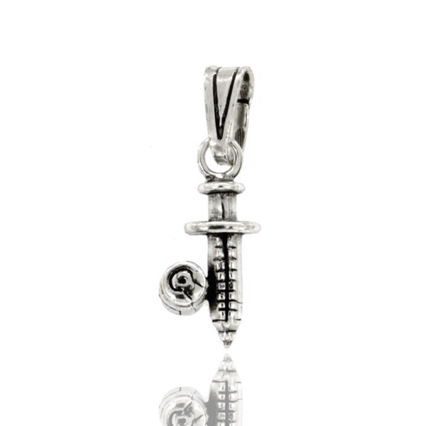 CIONDOLO SIRINGA CON MEDICINALE MM 22X10 IN ARGENTO MICROFUSO BRUNITO TIT 800‰
