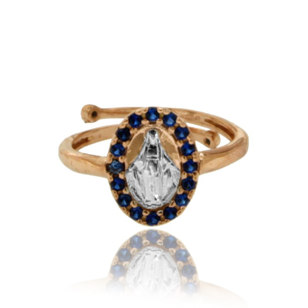 ANELLO MADONNINA MIRACOLOSA OVALE IN ARGENTO RODIATO E ROSATO TIT 925‰ CON ZIRCONI MISURA REGOLABILE