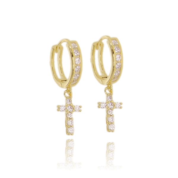 ORECCHINI A CERCHIO MM 10 CON CROCE PENDENTE IN ARGENTO TIT 925 E ZIRCONI BIANCHI