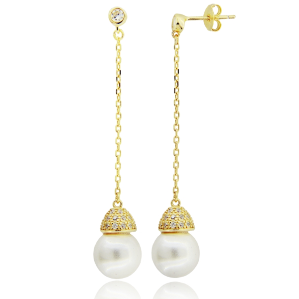 ORECCHINI PENDENTI CON PERLA MM 10 E ZIRCONI BIANCHI IN ARGENTO TIT 925