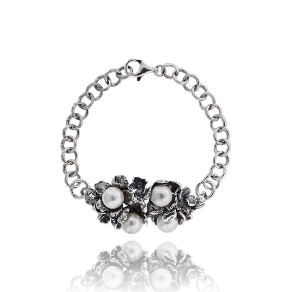BRACCIALE FIORI IN ARGENTO BRUNITO TIT 925 E PERLE CM 18-20