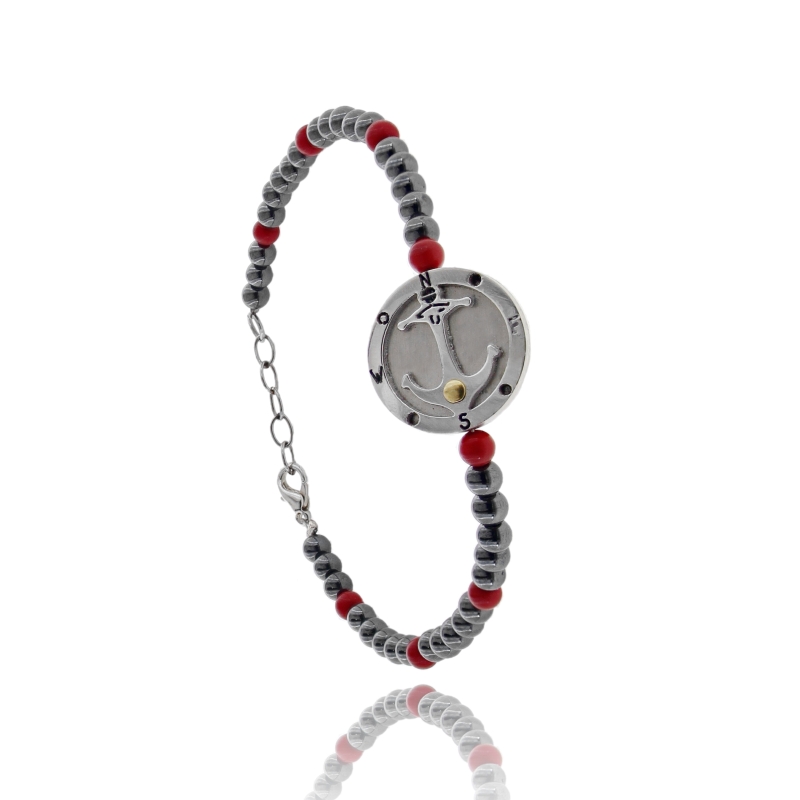 BRACCIALE A SFERE ALTERNATE MM 4 CON EMATITE E PIETRA DURA COLORE CORALLO CON ANCORA CENTRALE E CHIUSURA IN ACCIAIO