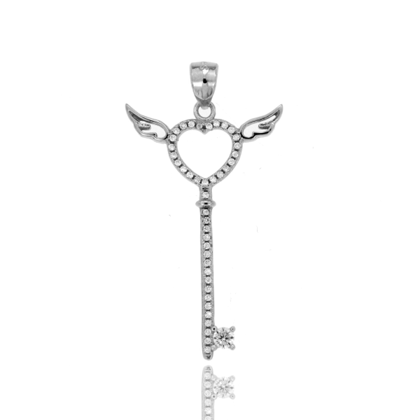 CIONDOLO CHIAVE CON ALI MM 38X23 CON ZIRCONI IN ARGENTO RODIATO TIT 925‰
