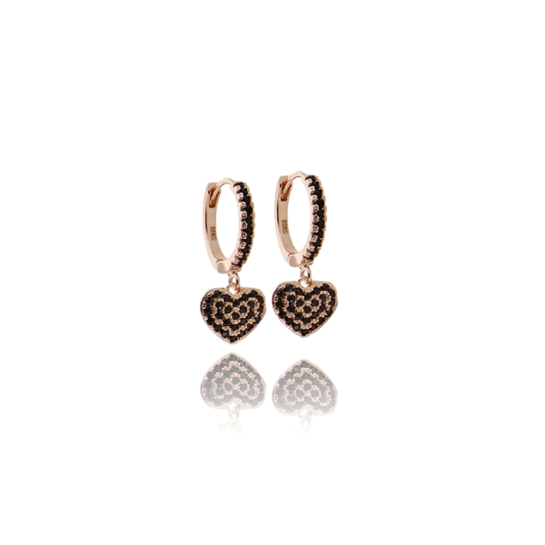 ORECCHINI A CERCHIO CON CUORE PENDENTE IN ARGENTO ROSATO TIT 925 E ZIRCONI NERI