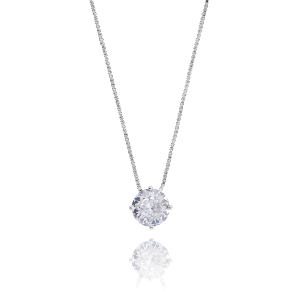 CIONDOLO PUNTO LUCE A 4 GRIFFE CON ZIRCONE MM 8 CON CATENA CM 42 IN ARGENTO RODIATO 925‰
