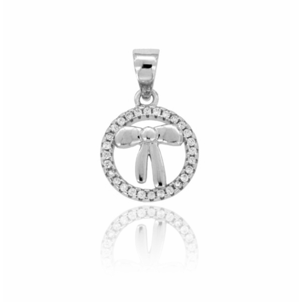 CIONDOLO TONDO CON FIOCCO MM 12 IN ARGENTO RODIATO TIT 925‰ E ZIRCONI