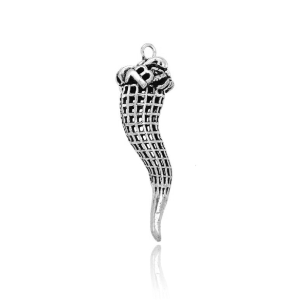 CIONDOLO CORNO A RETE MM 60X15 CON SCONGIURI IN ARGENTO MICROFUSO BRUNITO TIT 800‰