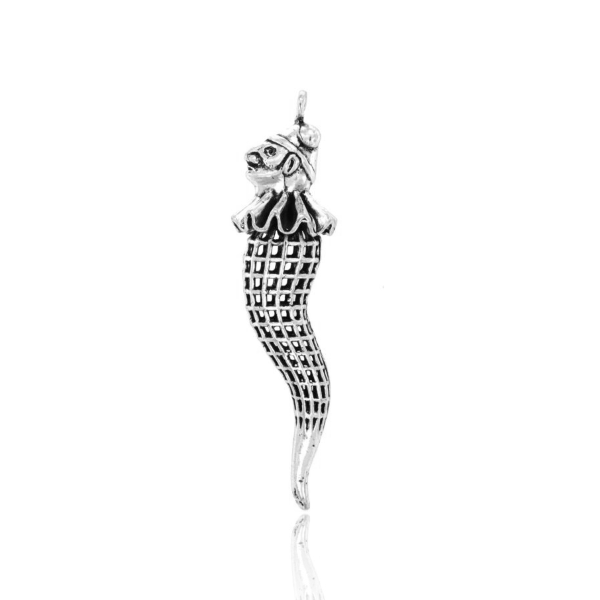 CIONDOLO CORNO A RETE MM 72X18 CON PULCINELLA IN ARGENTO MICROFUSO BRUNITO TIT 800‰