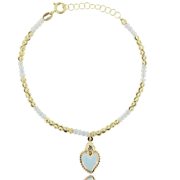 BRACCIALE CON SFERE, PIETRE E CUORE SACRO SMALTATO CELESTE IN ARGENTO DORATO TIT 925‰ CM 17-19