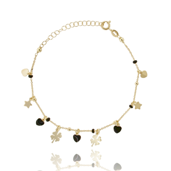 BRACCIALE CON CUORI E QUADRIFOGLI IN ARGENTO DORATO TIT 925‰ E SMALTO NERO CM 17-19