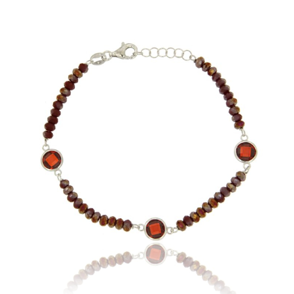 BRACCIALE FORZATINA, RONDELLE DI PIETRA ROSSA FACCETTATE E ZIRCONI ROSSI IN ARGENTO RAMATO TIT 925‰ CM 18-20