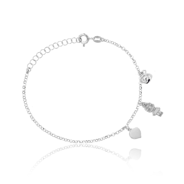 BRACCIALE CON BAMBOLINA E CAMPANELLINO PENDENTI IN ARGENTO RODIATO TIT 925‰ CM 17-20