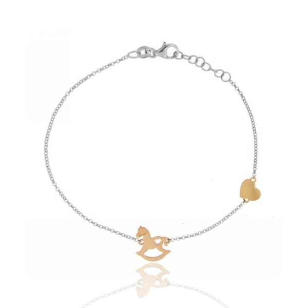 BRACCIALE FORZATINA CM 18 CON CAVALLO A DONDOLO E CUORICINO PLACCATO ORO ROSA IN ARGENTO RODIATO TIT 925‰