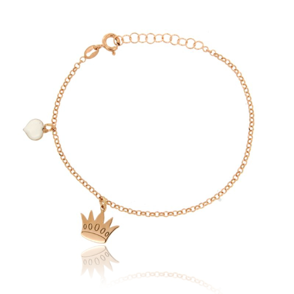 BRACCIALE ROLO' CON CORONA E CUORE SMALTATO PENDENTE IN ARGENTO RAMATO TIT 925 CM 17-20