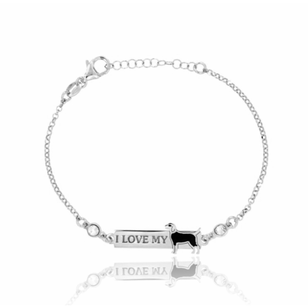 BRACCIALE ROLO' CON CANE E TARGA CON INCISO I LOVE MY IN  ARGENTO RODIATO TIT 925‰ ZIRCONI E SMALTO CM 18