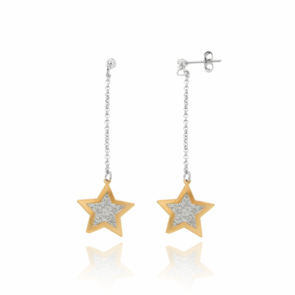ORECCHINI PENDENTI CON STELLA IN ARGENTO RODIATO E RAMATO TIT 925 E GLITTER