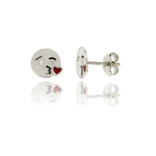 ORECCHINI A LOBO MM 8 EMOTICON BACIO IN ARGENTO RODIATO TIT 925‰ E SMALTO