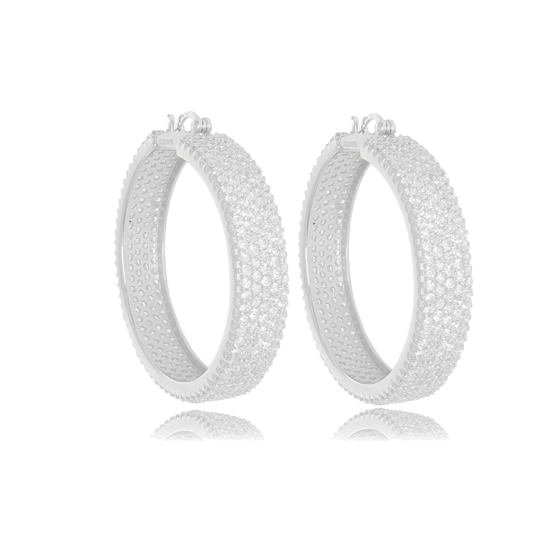 ORECCHINI A CERCHIO DIAMETRO MM 35 CON 5 FILE DI ZIRCONI MM 8 IN ARGENTO RODIATO TIT 925‰