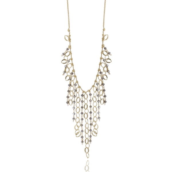 COLLANA CON PIETRE GRIGIE E CATENE PENDENTI IN ARGENTO DORATO TIT 925‰ CM 40