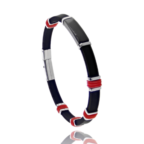 BRACCIALE IN ACCIAIO E CAUCCIU NERO MM 6 CON INSERTI CM 21