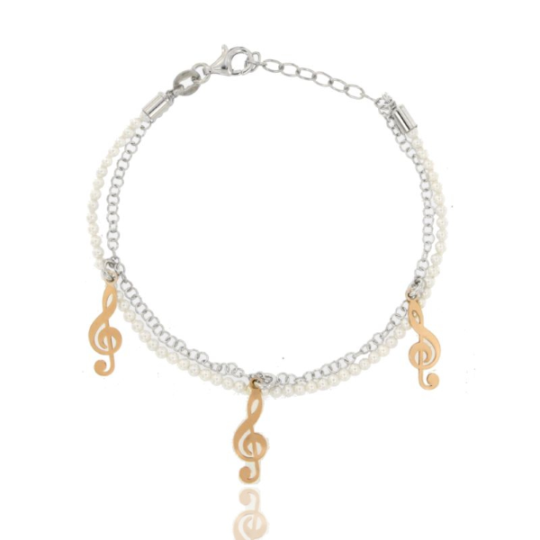 BRACCIALE CON PERLINE E CHIAVE DI VIOLINO IN ARGENTO RODIATO TIT 925 CM 17-20