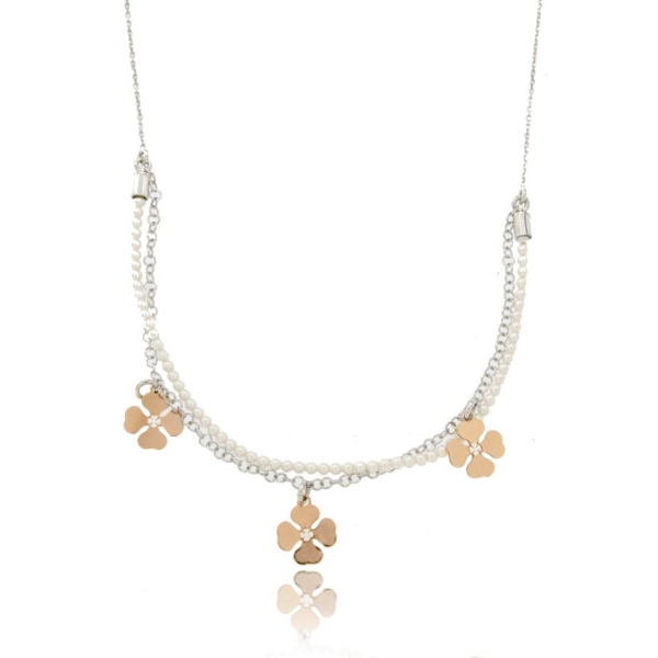 COLLANA CON PERLINE E QUADRIFOGLI IN ARGENTO RODIATO TIT 925 CM 45