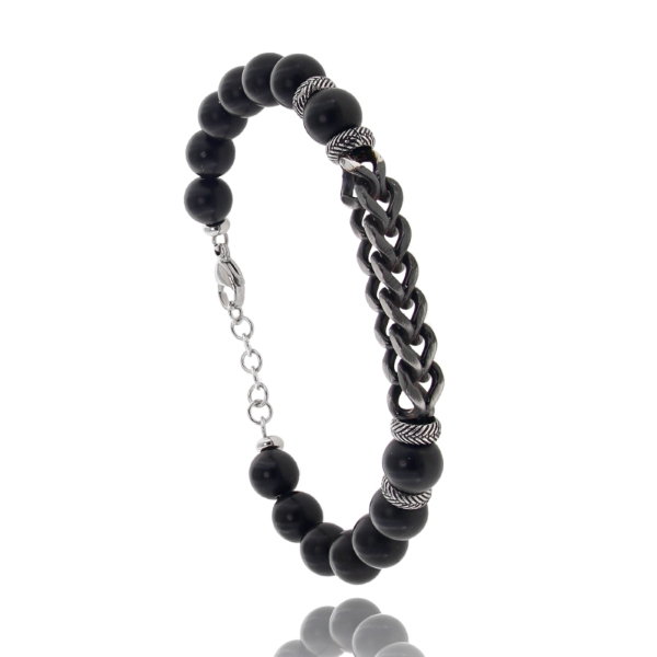 BRACCIALE CON SFERE DI PIETRA DURA E CATENA IN ACCIAIO BRUNITO CM 21