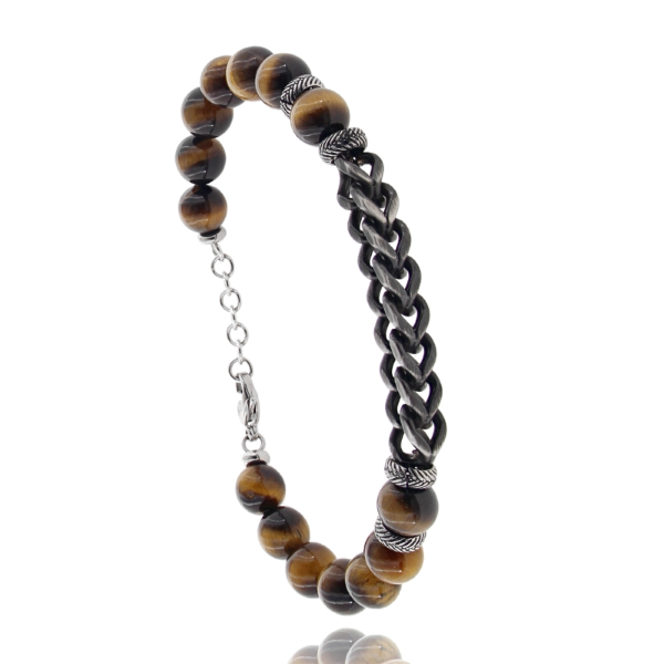 BRACCIALE CON SFERE DI PIETRA DURA E CATENA IN ACCIAIO BRUNITO CM 21