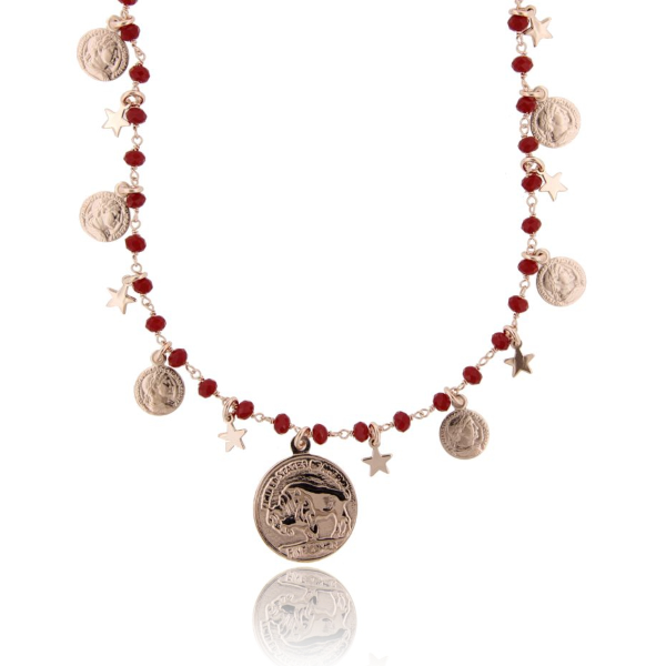 COLLANA CON MONETE, STELLE E PIETRE IN ARGENTO ROSATO TIT 925‰ CM 70