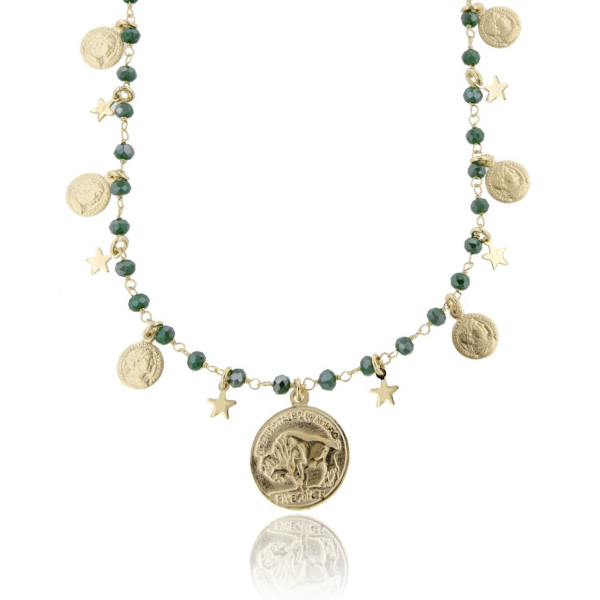 COLLANA CON MONETE, STELLE E PIETRE IN ARGENTO DORATO TIT 925‰ CM 70
