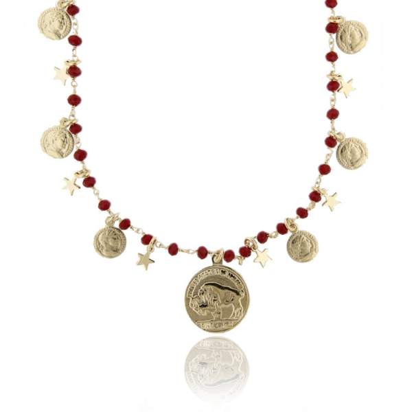 COLLANA CON MONETE, STELLE E PIETRE IN ARGENTO DORATO TIT 925‰ CM 70