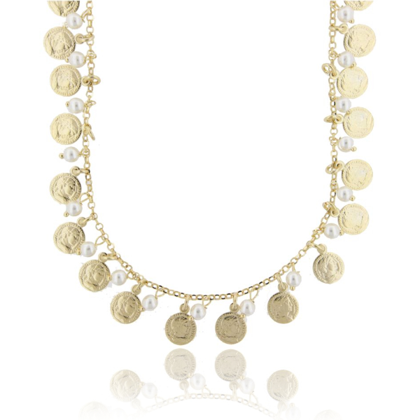 COLLANA CON MONETE, STELLE E PERLE PENDENTI IN ARGENTO DORATO TIT 925‰ CM 38-42