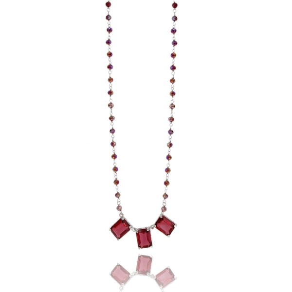 COLLANA CON 3 PIETRE ROSSE IN ARGENTO RODIATO TIT 925‰ CM 40