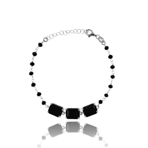 BRACCIALE CON 3 PIETRE NERE IN ARGENTO RODIATO TIT 925‰ CM 17-19