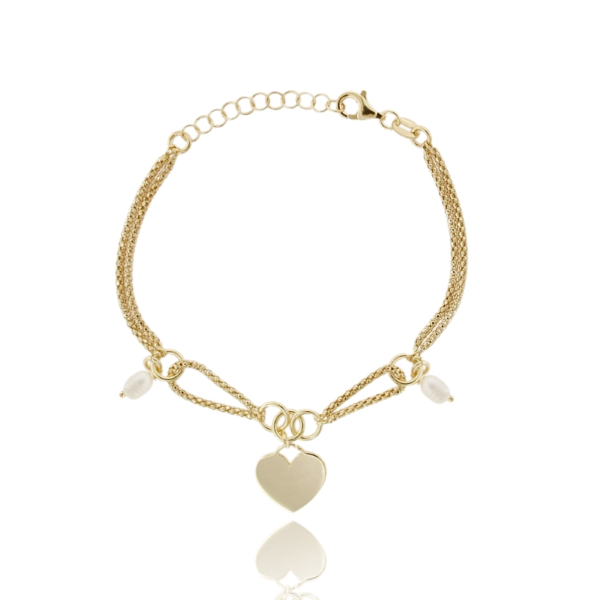 BRACCIALE POP CORN CON CUORE E PERLE IN ARGENTO DORATO TIT 925‰ CM 18
