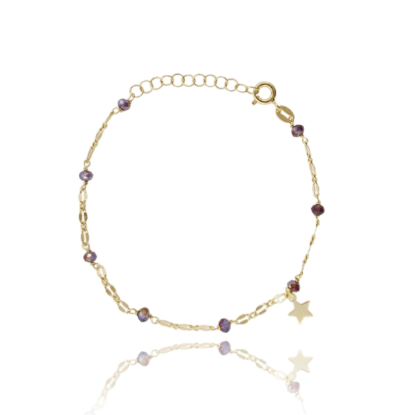 BRACCIALE CON PIETRE VIOLA E STELLA IN ARGENTO DORATO TIT 925‰ CM 17-19